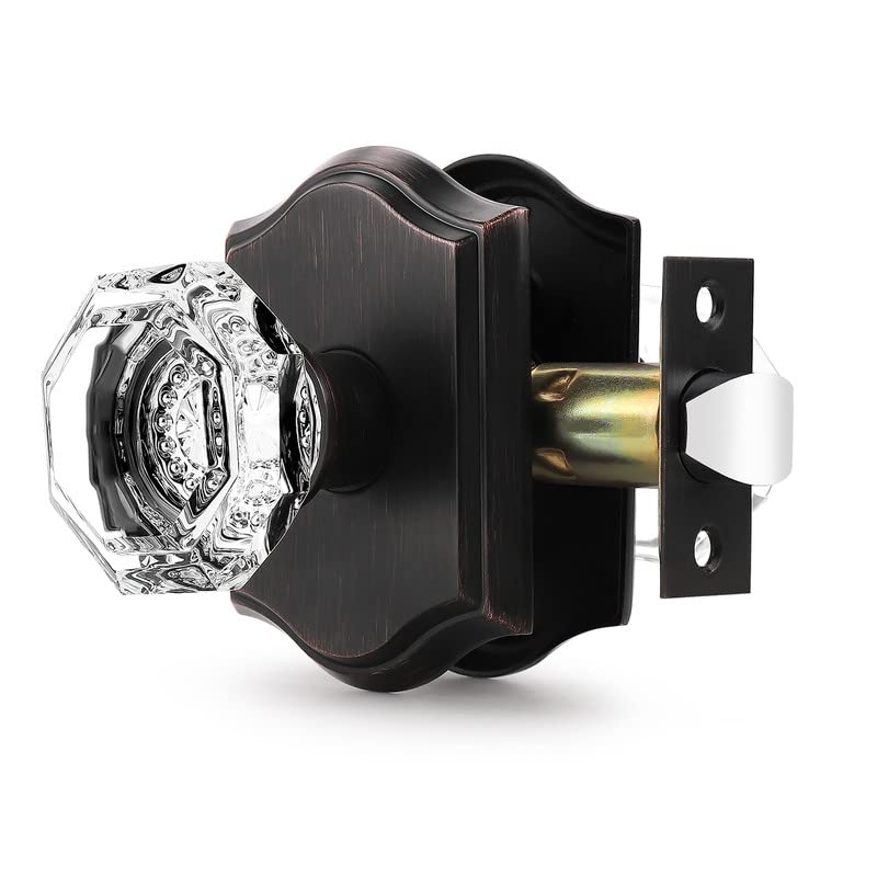 Orger Passage Door Knob for Hallway and Closet, Glass Door Handle with Non-Locking Latch, Octagonal Clear Crystal Door Knob 1 Pack, Oil Rubbed Bronze Vintage Rosette with Heavy Duty Crystal - Image 1